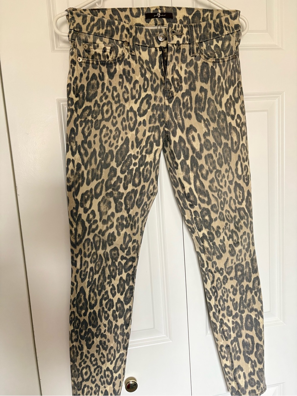 7 For All Mankind Leopard Print Skinny Jeans - Beige and Gray